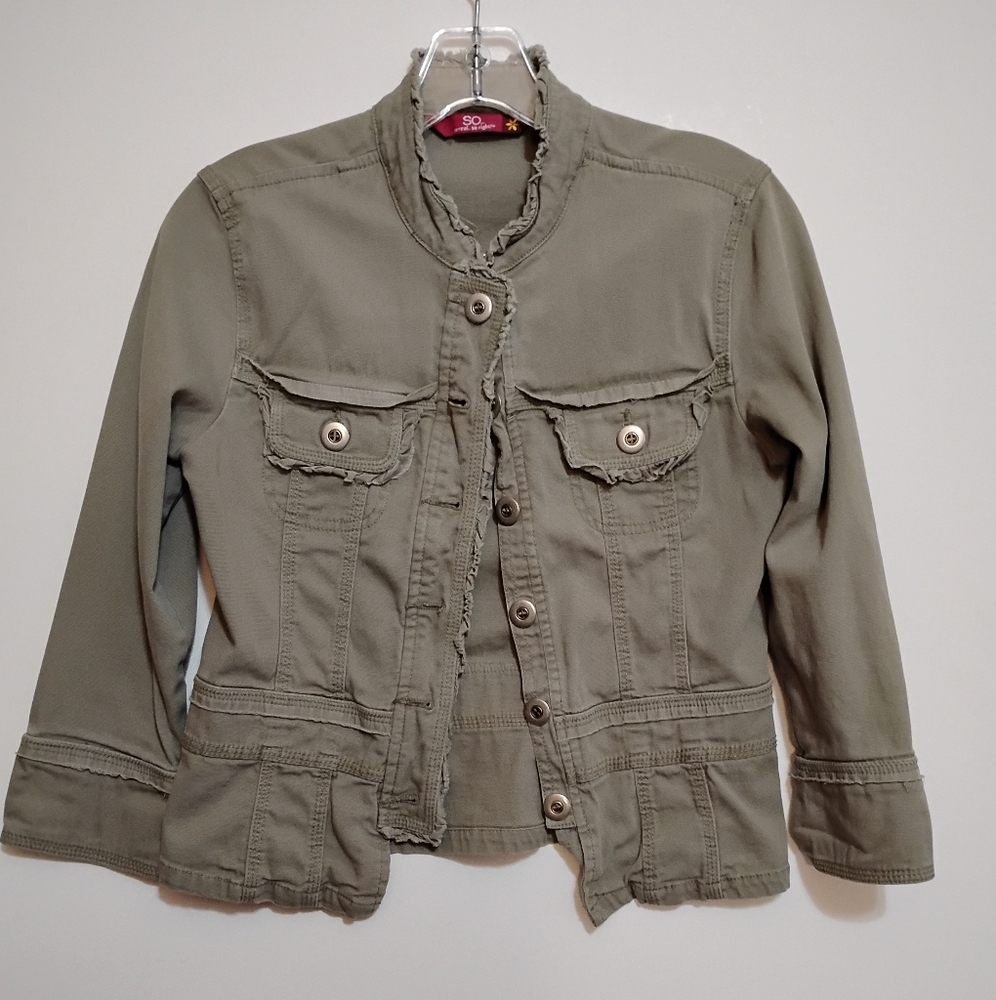 SO So Real. So Right TM Stylish Girl's Olive Green Jacket Denim Cotton Ruffles M